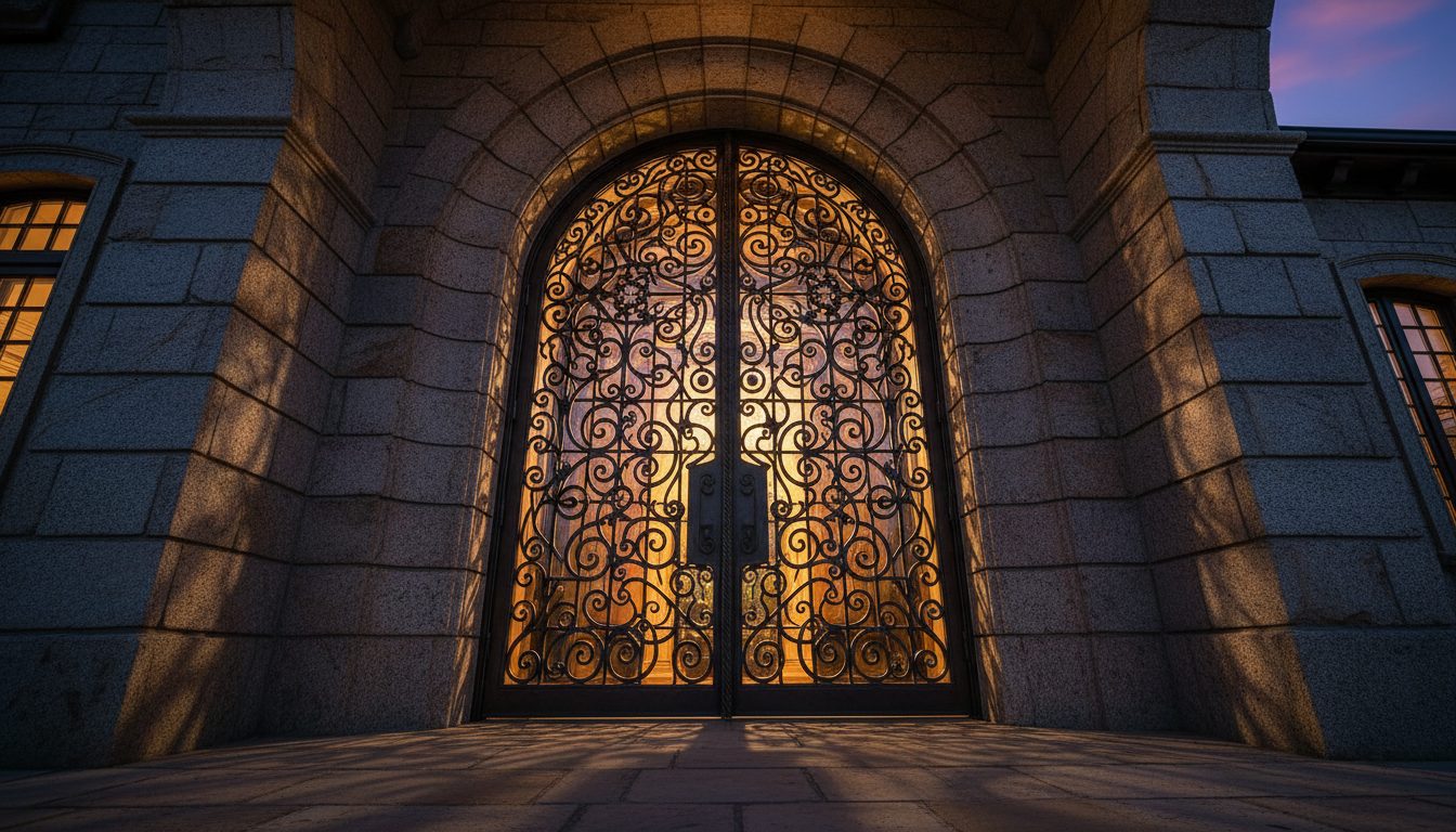 Grand wrought iron double doors at a luxury estate entrance