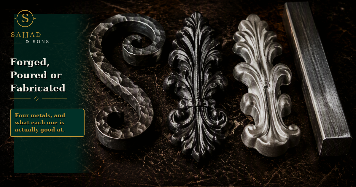 Hand-forged wrought iron bar beside a cast iron ornament at the Sajjad and Sons workshop