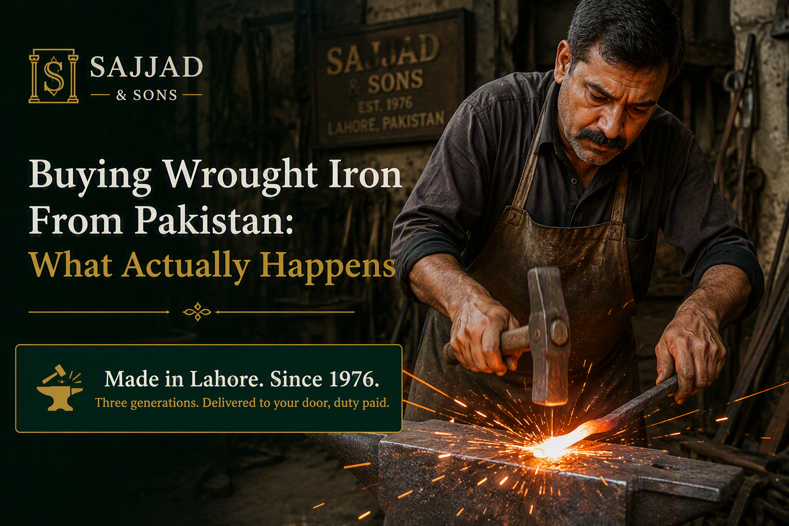 Craftsman hand-forging wrought iron at the Sajjad and Sons workshop in Lahore, Pakistan