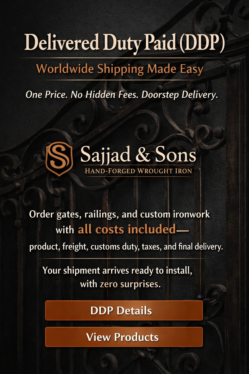 Hand-forged wrought iron gate crated for international DDP shipment from the Sajjad and Sons workshop in Lahore