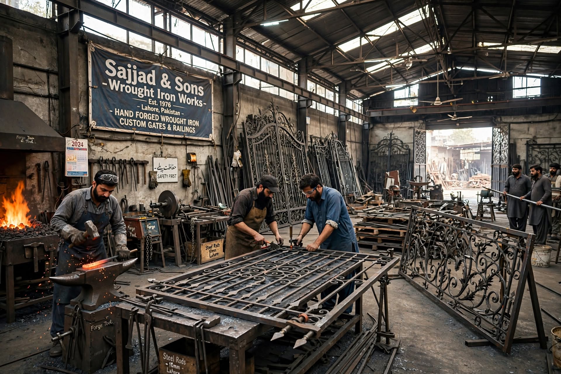 Craftsmen hand-forging wrought iron at the Sajjad & Sons workshop in Lahore, Pakistan