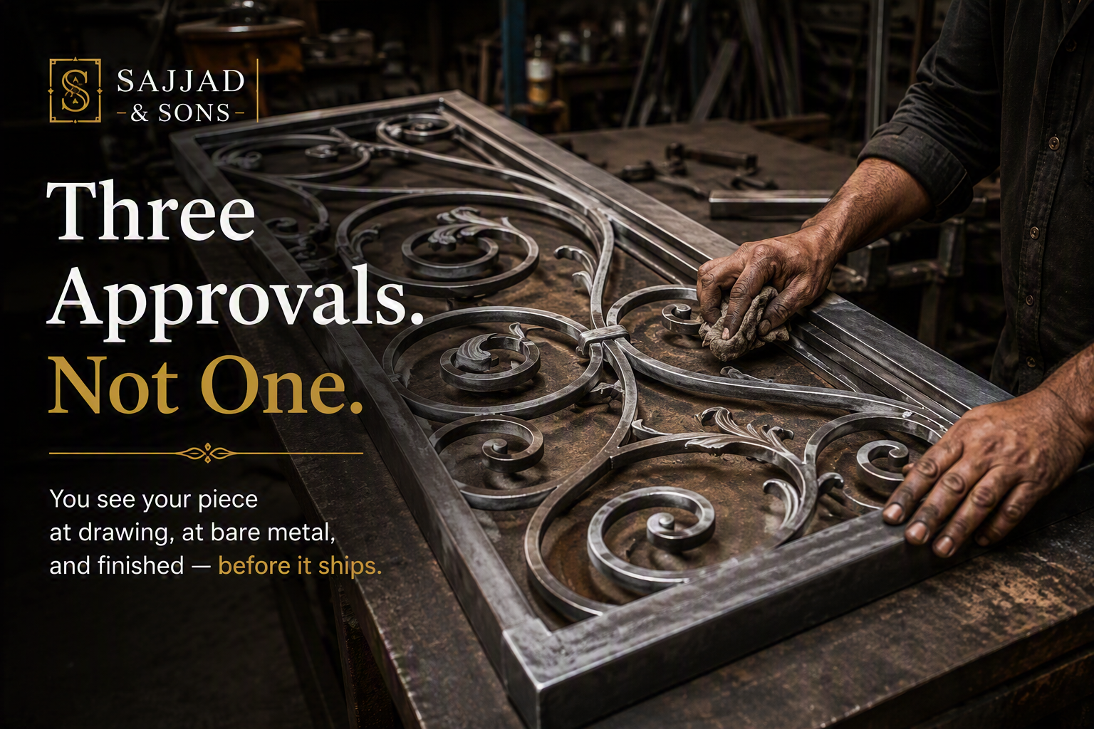 Hand-forged ironwork at bare metal stage before painting, Sajjad and Sons workshop, Lahore