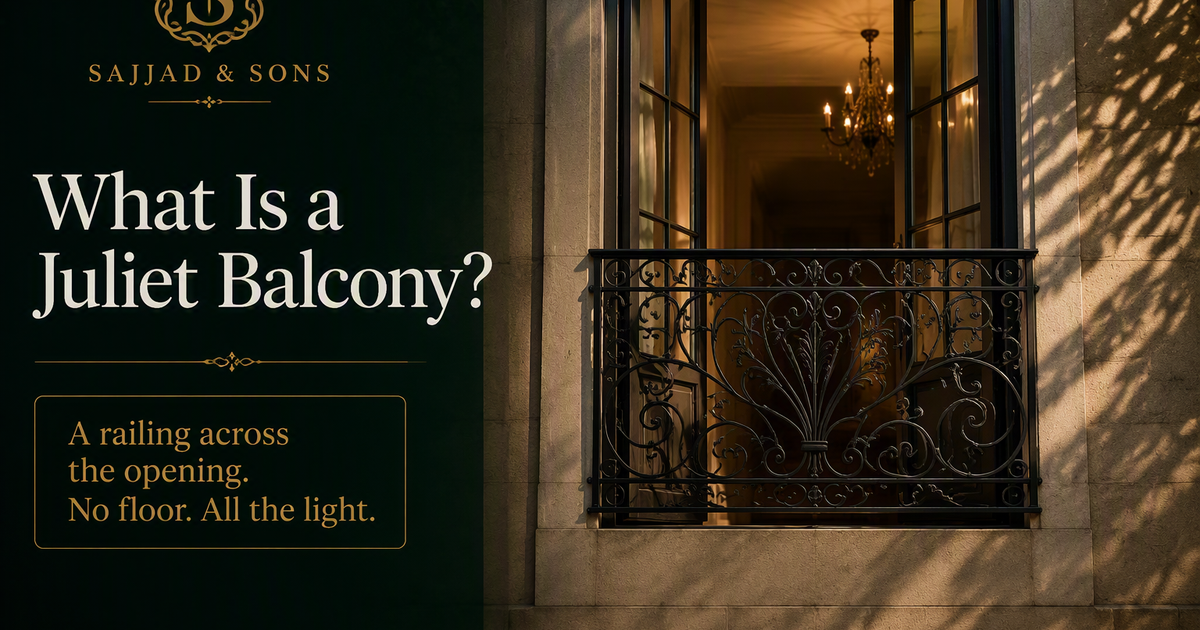 Hand-forged wrought iron Juliet balcony installed on a residential building