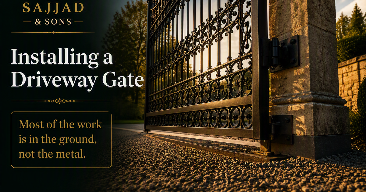 Hand-forged wrought iron driveway gate installed at a client property